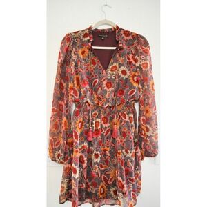 City Triangles Womens Small Floral Mini Dress Long Sleeve Smocked Waist Burgundy